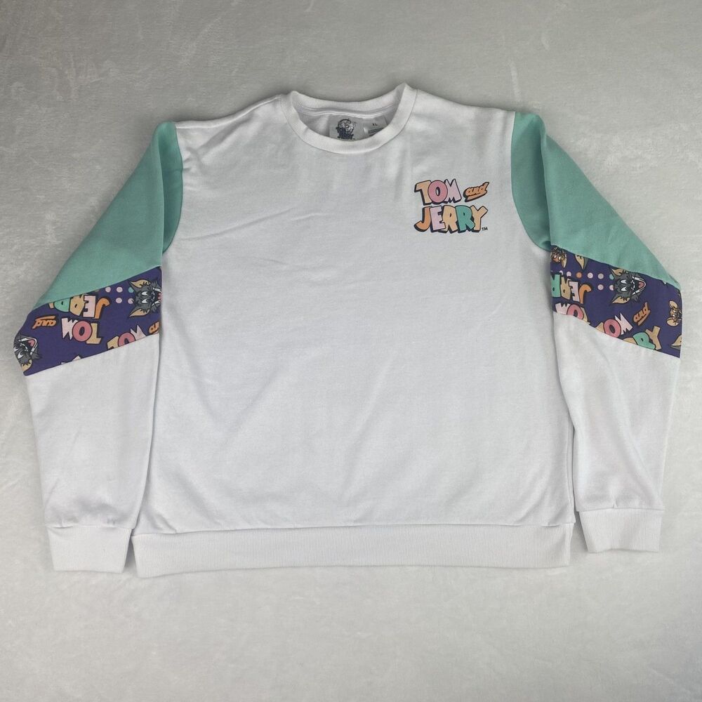 Tom & Jerry Sweater Womens Extra Large White Sweatshirt Crewneck Pullover Casual